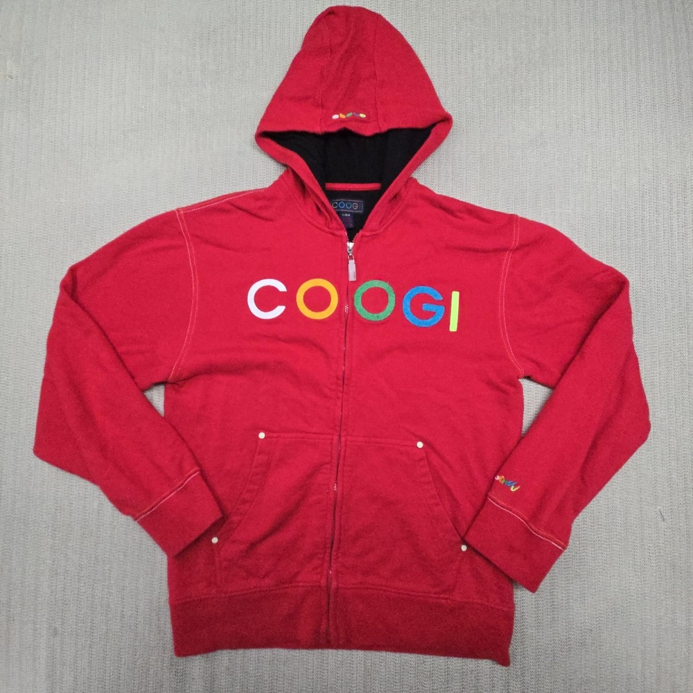 Coogi Hoodie Mens Large Red Full Zip Multicolor Embroidered Logo Sweatshirt